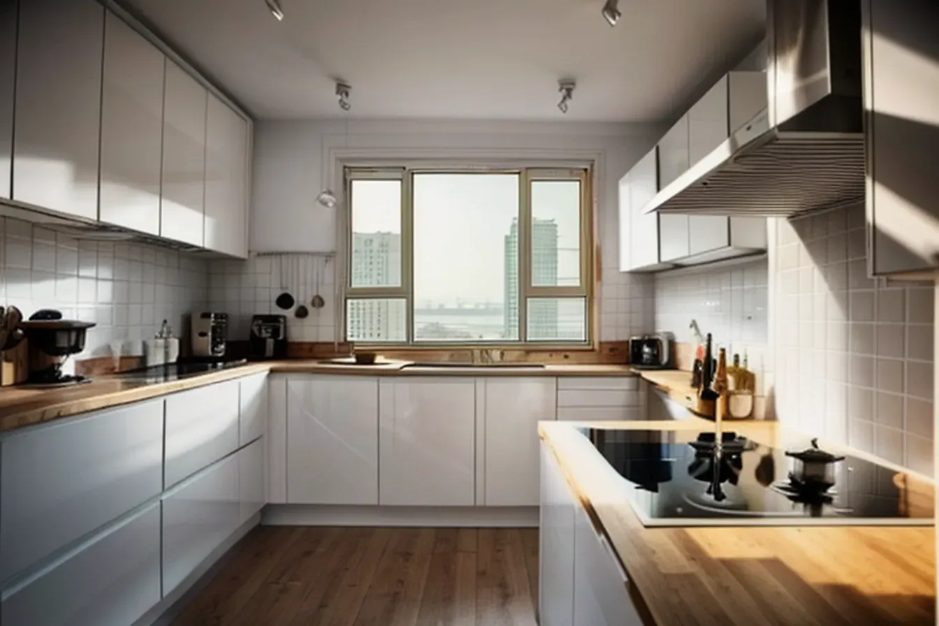 Modern white kitchen with wooden countertops